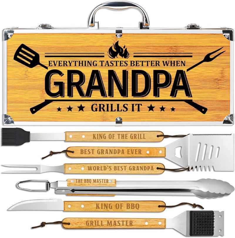 LEWARAN Grandpa Gifts from Grandkids, Grilling Gift Heavy Duty Wooden BBQ Grilling Accessories Kit, Thick Stainless Steel Grill Utensils with Non-Slip Handle Tools in Portable Bag on Christmas - Image 1